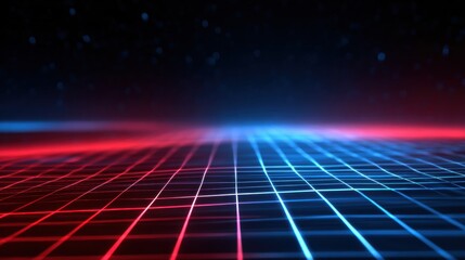 Dynamic neon grid landscape with glowing red and blue lines creates an immersive digital cyberspace journey