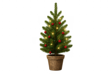 Potted evergreen christmas tree decorated with red baubles and warm yellow lights for holiday festivities against a transparent background