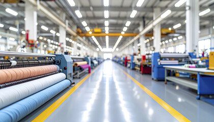Fototapeta premium Textile factory floor with fabric rolls in soft focus, bright industrial lighting, and machinery creating calm and organized atmosphere in spacious manufacturing area