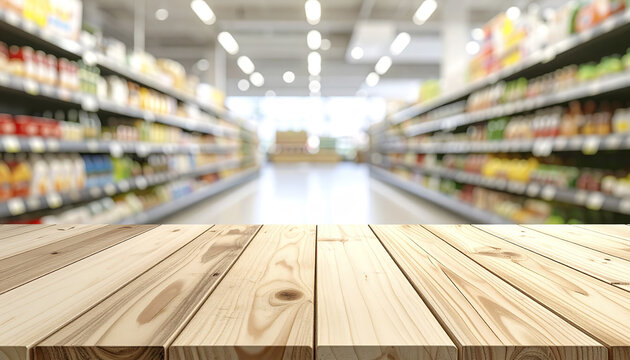 Wooden table with blurred supermarket aisle background, bright lighting, and soft product textures creating clean and spacious retail environment for shopping and display