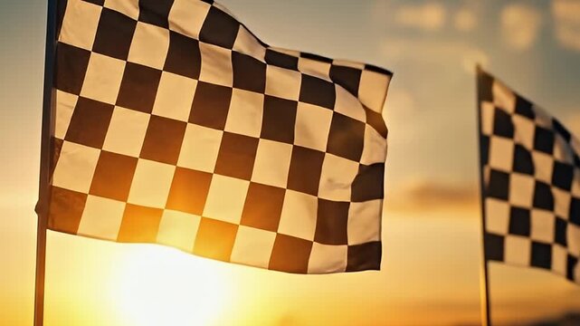 Two classic checkered flags wave gracefully and prominently in the breeze, backlit by the stunning, warm glow of a setting or rising sun. The contrasting black and white checkerboard pattern stands ou