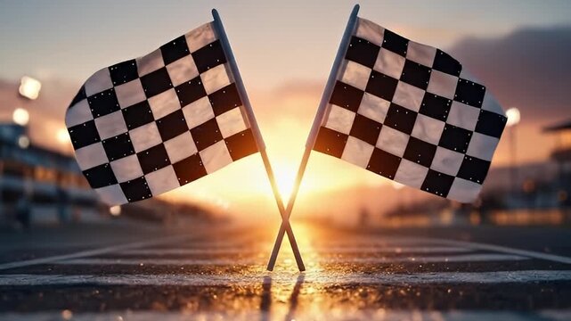 Two iconic checkered flags are prominently displayed, crossed at what appears to be a finish line on a race track. The scene is beautifully illuminated by the warm, golden glow of a sunset or sunrise,