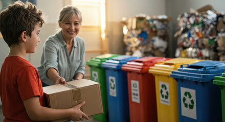 Woman helping boy recycle cardboard box at waste sorting station