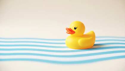 Fototapeta premium Yellow rubber duck floating on light blue waves 