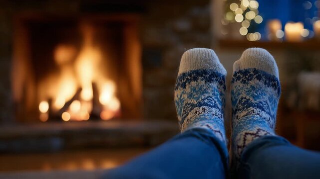 233Woman sitting by fireplace, legs in jeans and holiday wool socks stretched out toward warm flames, seasonal d&eacute;cor subtly visible in background