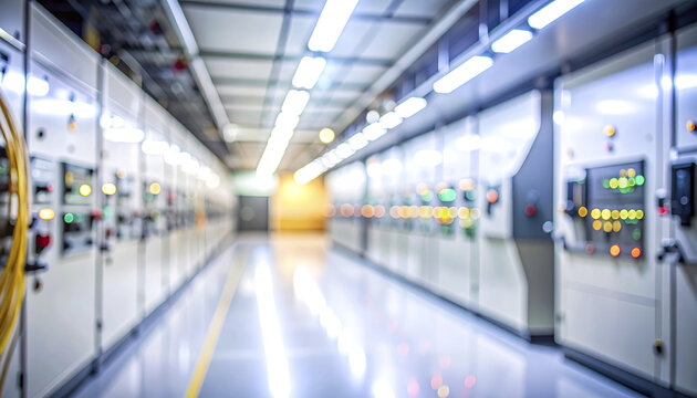Blurred view of energy control room with rows of electrical panels and illuminated indicator lights creating futuristic and technical atmosphere in muted tones
