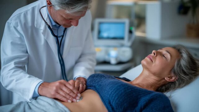 246Medical professional performing abdominal check with stethoscope, patient relaxed, clinical setting with organized equipment and bright neutral tones