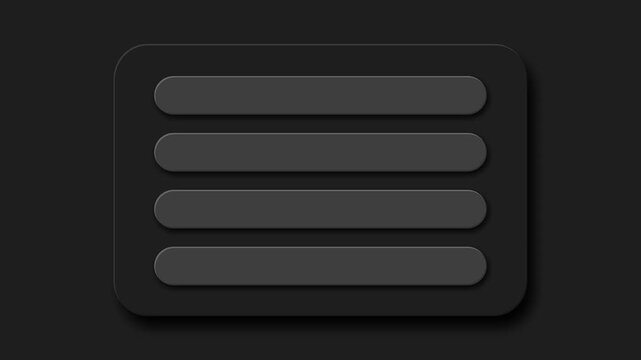 Black text box bars open close animation inside rectangle with neomorphic effect on black background. 4K animated embossed text box for presentation, text space, titles, and layout motion graphics.