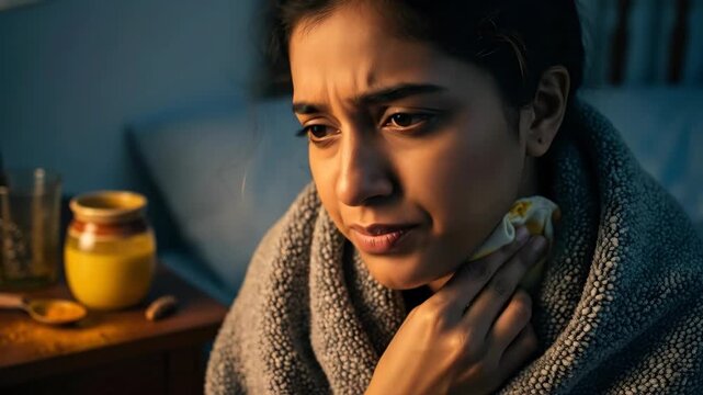 Woman having a sore throat in bed because of a cold. Indian female suffering from illness at home, health concept.