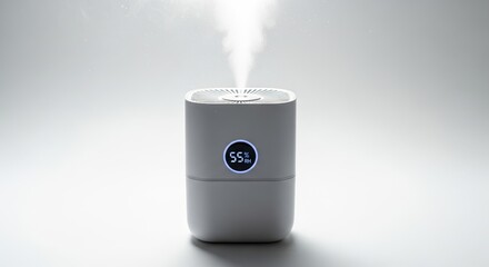 Modern white humidifier emitting steam on grey background  