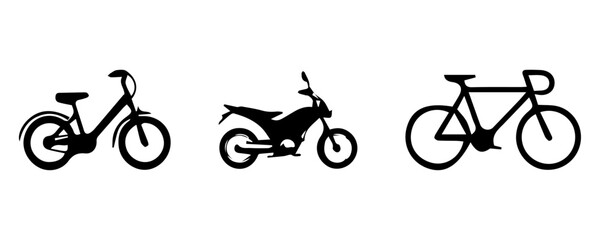 Obraz premium Two-Wheeled Transport Silhouettes: Moped, Dirt Bike, and Road Bicycle Vector Icons. Monochrome Graphics for Bike Rentals, Delivery Services, and Mobile Apps.