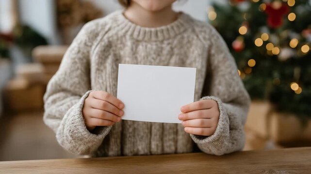 Small hand of a child presenting white paper on cozy Christmas table with ornaments nearby, emotion of tenderness and expectation visible, representing Santa letter idea, festive print template,