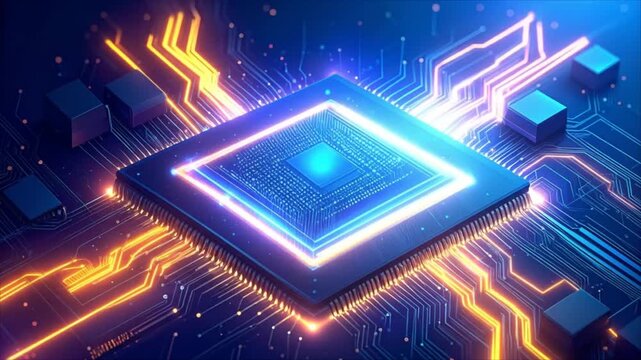Abstract circuit board illustration with glowing processor and digital data lines technology concept