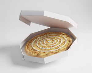 Caixa de pizza branca, com pizza dentro flutuando no cenário branco