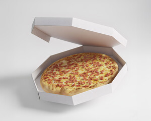 Caixa de pizza branca, com pizza dentro flutuando no cenário branco