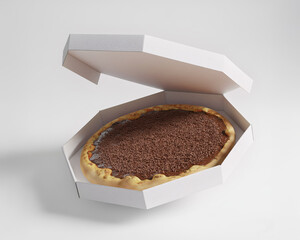 Caixa de pizza branca, com pizza dentro flutuando no cenário branco