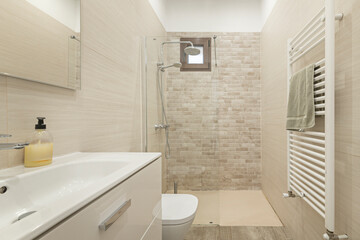 Luxury shower with an integrated Bluetooth sound system, a built-in seat, and indirect lighting behind the mirror