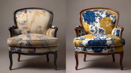 Before and after restoration of vintage armchairs with floral upholstery transformation