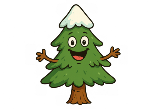 Happy christmas tree cartoon character smiling, waving, showing cheerful holiday spirit with snow cap, transparent background