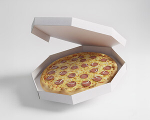 Caixa de pizza branca, com pizza dentro flutuando no cenário branco