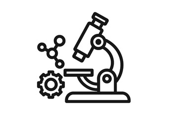 Minimal black science icon showing a microscope and molecule, symbolizing study, discovery, and scientific development for modern design use.