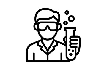 Black vector icon of a scientist with goggles holding a test tube, symbolizing laboratory research, innovation, and modern science.