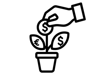 Black vector icon of a hand planting a coin in a pot with growing leaves, symbolizing startup investment and business funding.