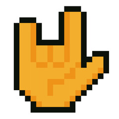 Pixel art hand showing the I love you sign in sign language. Bright yellow 8 bit emoji style gesture expressing love, friendship and positivity. Perfect for social media posts, chat stickers, online
