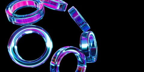 Abstract glass rings on black background, 3d render