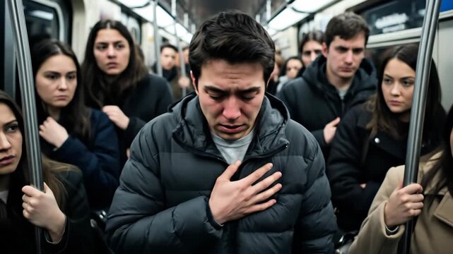 Sick man sneezing and holding his chest in a crowded subway car showing illness spread concept footage