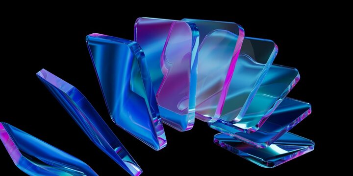 Abstract background design, composition with glass shapes, 3d render