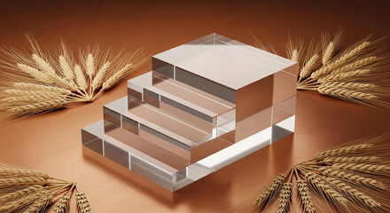 Minimalist product display pedestal with transparent steps and golden wheat ears. Abstract 3D background for showcasing bakery, organic, or agricultural awards and achievements.