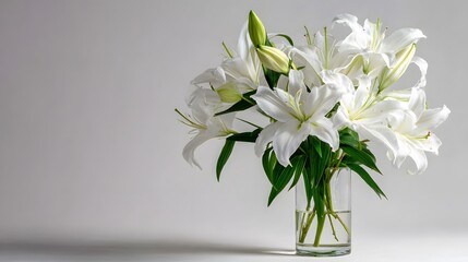 Abundant bouquet of pristine white lilies rests inside a clear glass container on a neutral surface