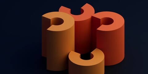 Abstract orange geometric composition, blue background design, 3d render