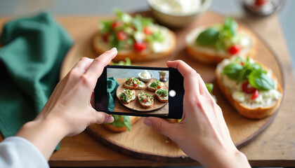 Person photographs small bruschetta with cheese herbs and tomato using smartphone. Healthy food prep and sharing online via social media. Meal photography concept.