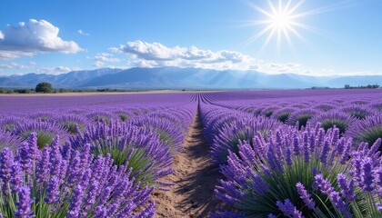 Lavender field with vibrant purple flowers under bright sun