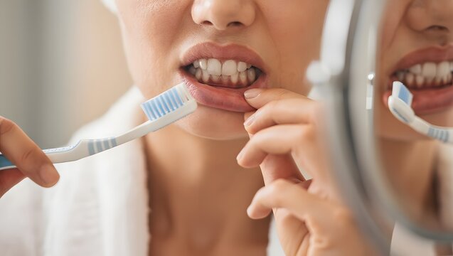 Young woman looking at her red bleeding gums