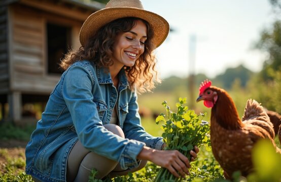 Smiling woman feeds chickens greens on a farm. Female farmer wears denim jacket straw hat. Happy woman interacts with poultry. Agriculture concept in sunny day.