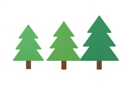 Three evergreen pine trees in varying shades of green, standing together, with a transparent background - Powered by Adobe