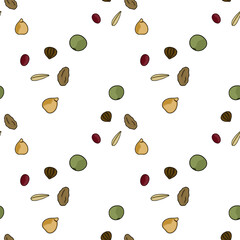 Seamless vector pattern of assorted dried grains and seeds, featuring peas, lentils, sunflower seeds, and oats, with a clean white background.
