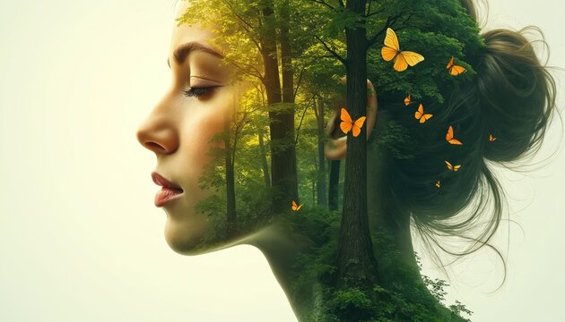 Illustration merges woman face, forest scenery. Trees grow inside woman head with butterflies flying. Nature is inside mind. It is about connection wellness. Artwork symbolizes internal peace harmony