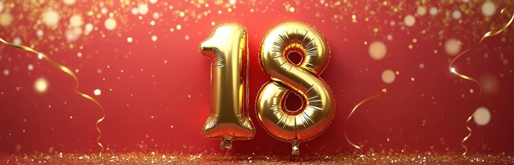 Golden balloon figures display the number eighteen against red backdrop. Glitter and bokeh effects enhance festive mood for birthday or anniversary. Party banner decoration with golden streamers