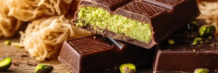 Dubai milk chocolate bar filled with kataifi dough and green pistachio paste