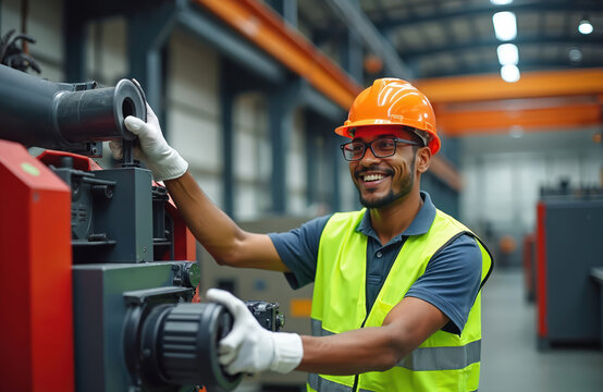 Black man wearing hard hat and vest operates machine in factory. Worker adjusts industrial equipment. He smiles while working on manufacturing plant machinery. He is an engineer. - Powered by Adobe