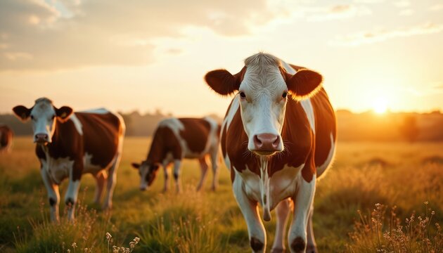Cows graze peacefully on a green field at sunset. Livestock animals in a natural eco friendly environment. Farm cattle at pasture in the countryside.
