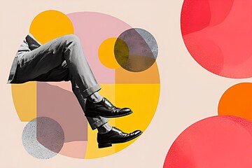 stylish modern background featuring men's legs in fashionable trousers and boots. The image is set against a calm beige backdrop, decorated with abstract multicolored geometric shapes  