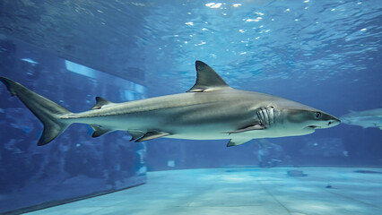 Naklejka premium Bull shark swimming in large aquarium tank with bluish water and viewing window showing underwater environment and marine life in motion