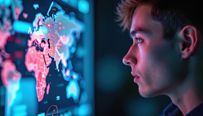 Young man studies global map with data visualizations on a digital screen. He analyzes world economics and supply chains. Modern tech for business operations and international logistics.
