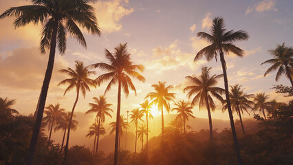 Obraz premium Golden hour sunlight filters through tall palm tree silhouettes in tropical forest with glowing sky and soft clouds, creating warm and peaceful atmosphere at sunset