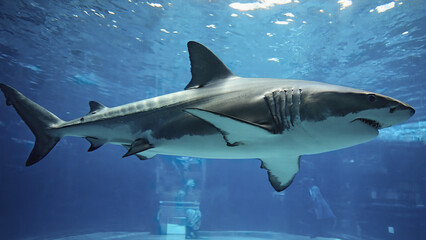 Fototapeta premium Great white shark underwater ocean marine life aquatic animal predator swimming blue water sea creature wildlife